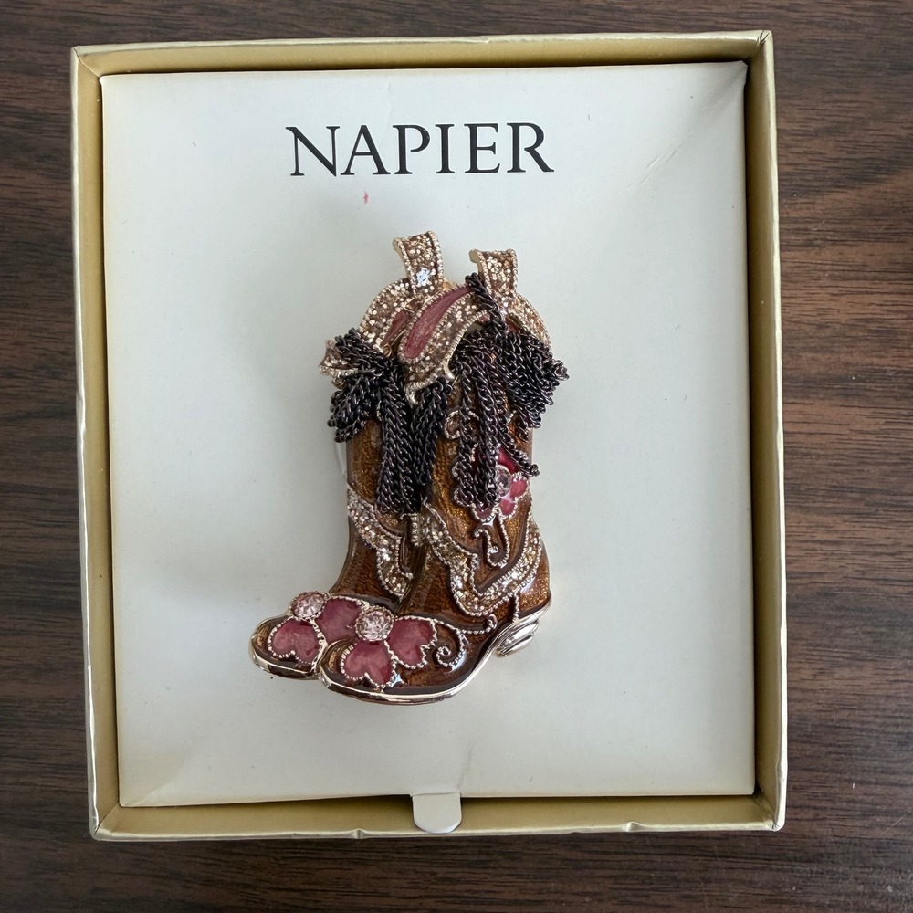 Napier Brooch Pin Enamel Cowboy Boot Tassel Fringe Rhinestone Western NEW